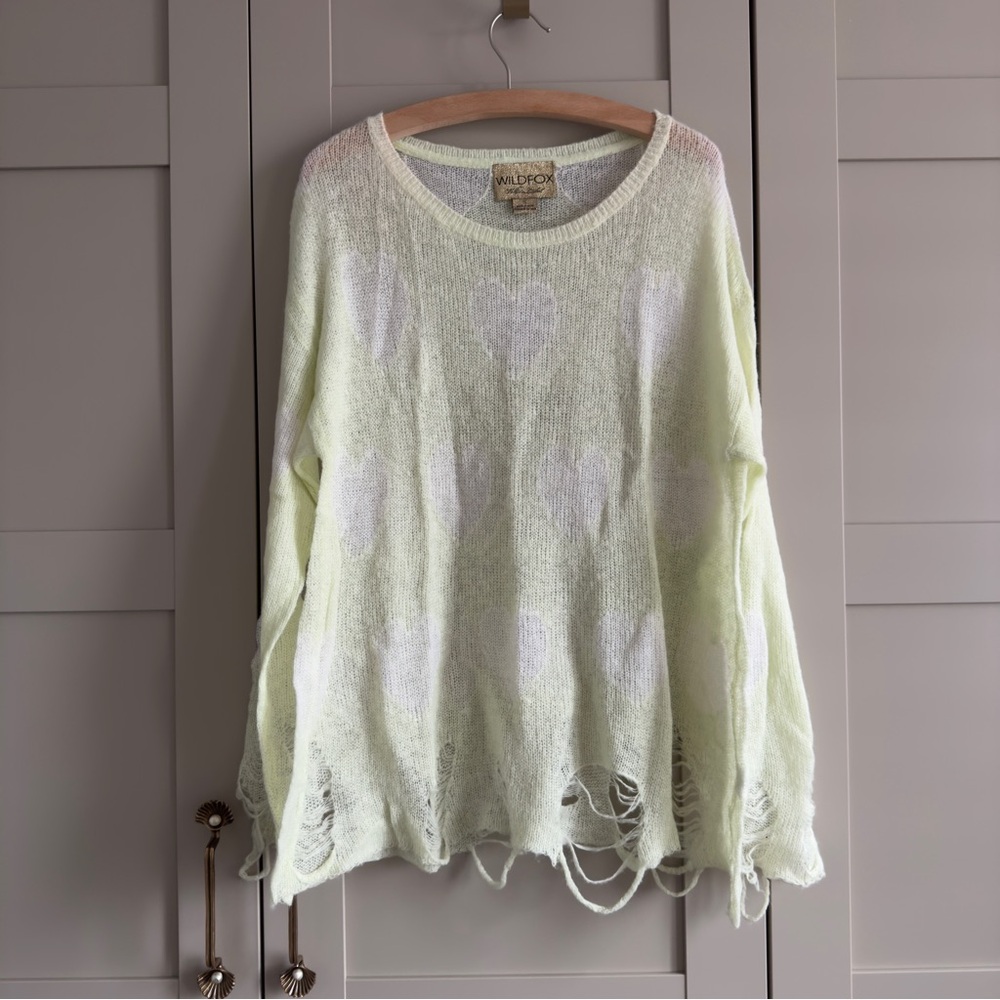 Wildfox Couture White Label 🏷️ All Over Love Distressed Sweater Heart Print Neon